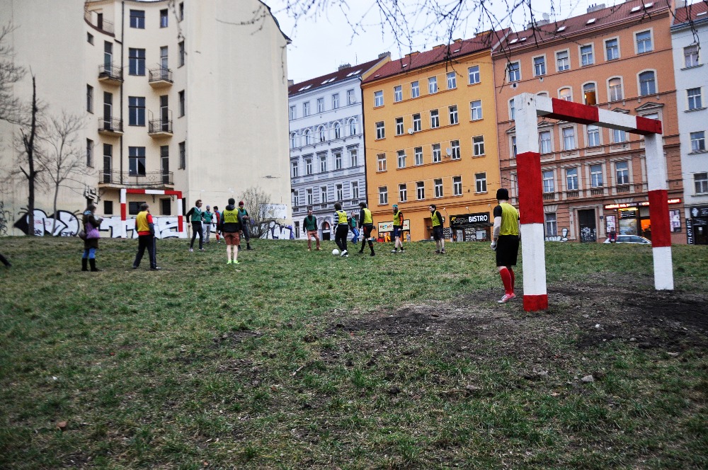 Adam Kovalčík, Goals. Installation of oversized wooden goals created for the Proluka gallery in Vršovice. Thus creating an absurd football field on the slope. 2015