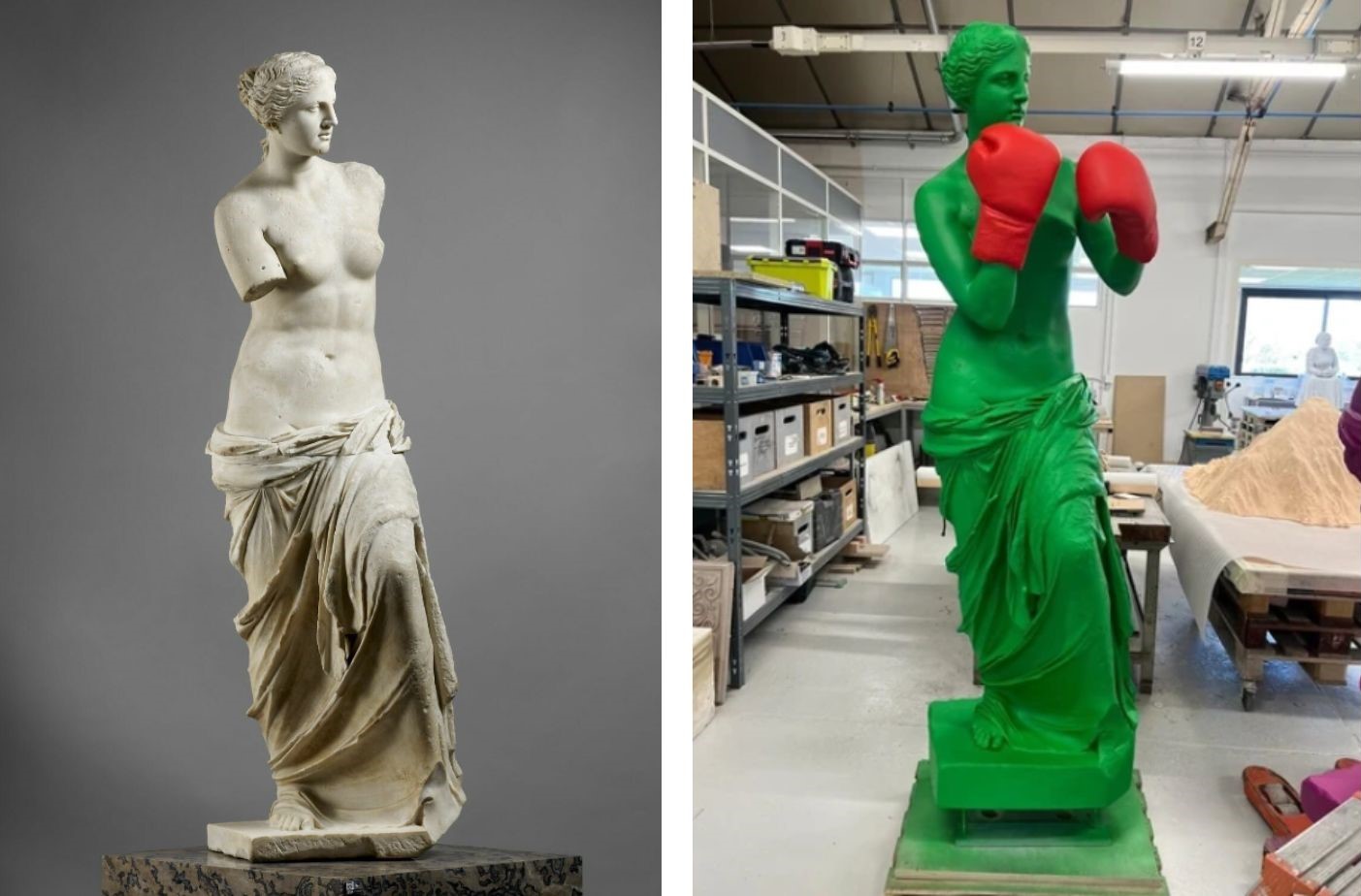 Venus de Milo, Louvre Museum, source: Musée du Louvre and Laurent Perbos: creation process of one of the statues, source: Le Cabinet d’Ulysse, ©Studio Tropicalist