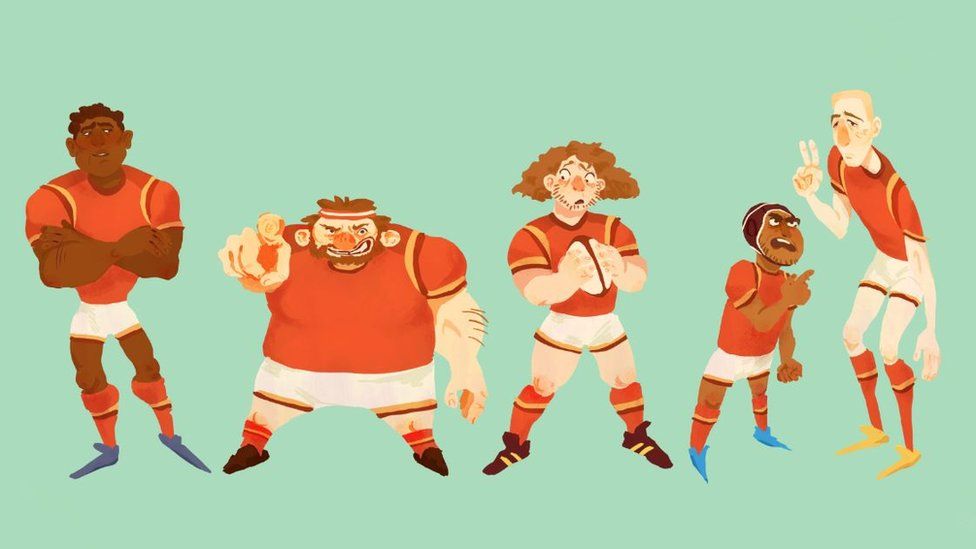 Carys Feehan: Ukázka z maturitní práce, návrhy postav ragbyových hráčů pro animaci, 2018. Zdroj: https://carysfeehan.weebly.com