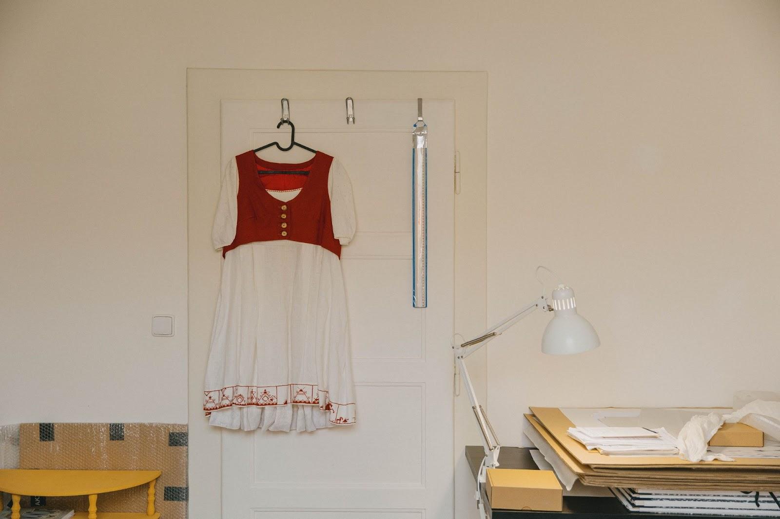 Embroidered dresses from the "Ženokol" project in Rufina Bazlova's studio. PHOTO: Adam Mráček