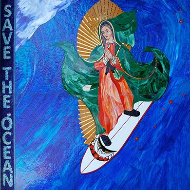 Surfující Madona z Encinitas se stala symbolem nejen ochrany oceánu, ale životního prostředí celkově. Zdroj: Live Well San Diego