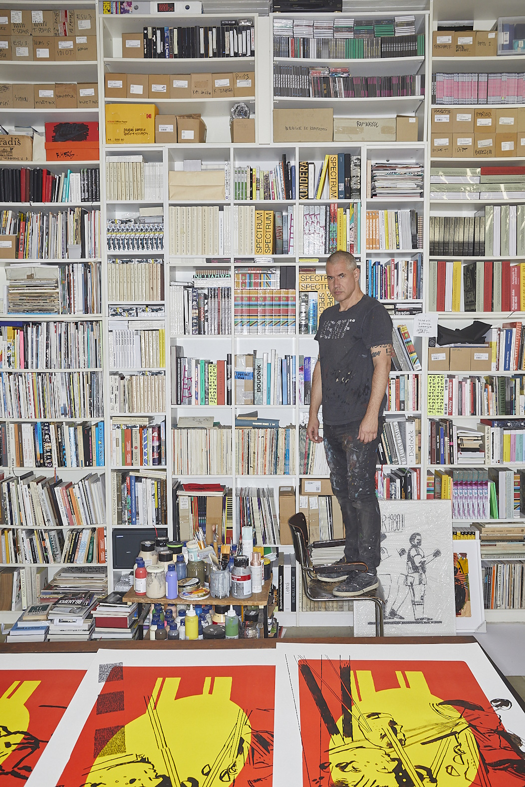 A Look into the Studio at MeetFactory, On a table in the studio at MeetFactory lies a partially finished series titled Kráčející vědomí (Walking Consciousness), an ink drawing on lithographic print from 2024.